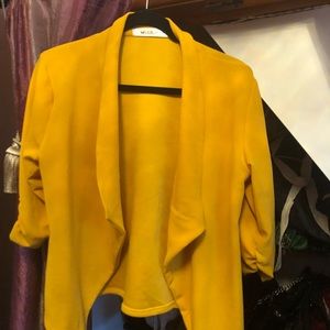 Mustard color blazer with ruched sleeves